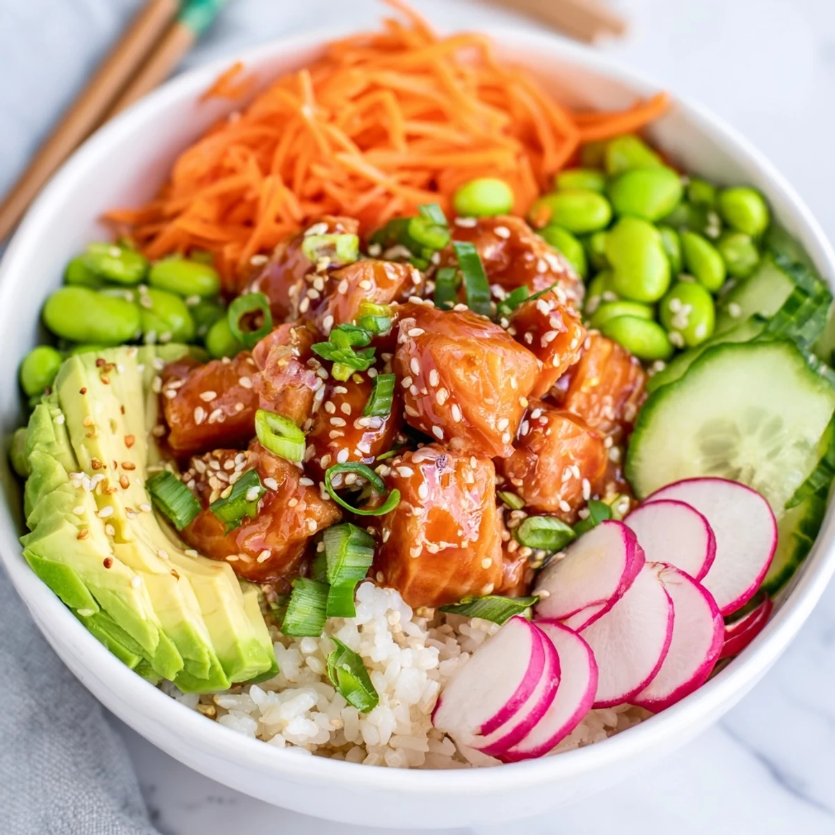 Vibrant Hawaiian poke bowl featuring tender salmon cubes, creamy avocado, and crisp toppings