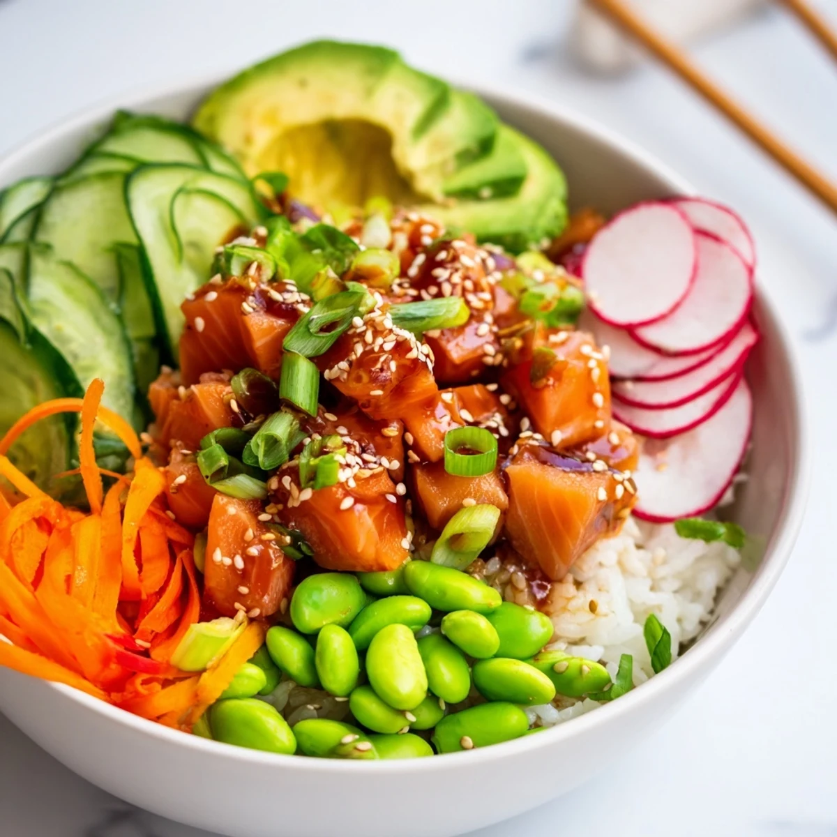 Fresh salmon and avocado poke bowl with colorful vegetables over seasoned rice