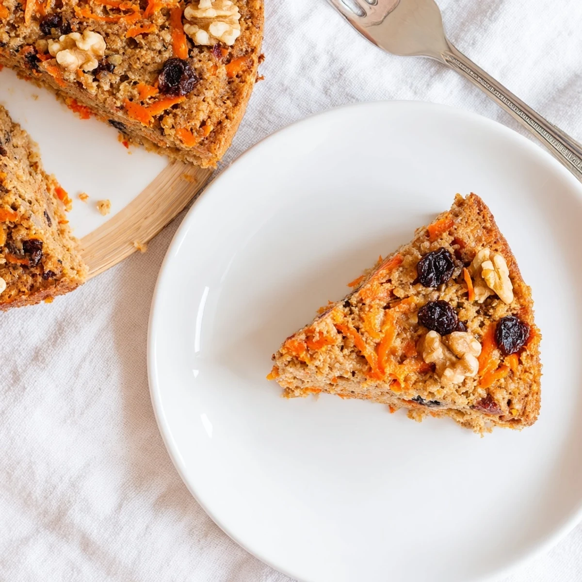 Golden flourless oatmeal carrot cake slice topped with cream cheese frosting and chopped walnuts
