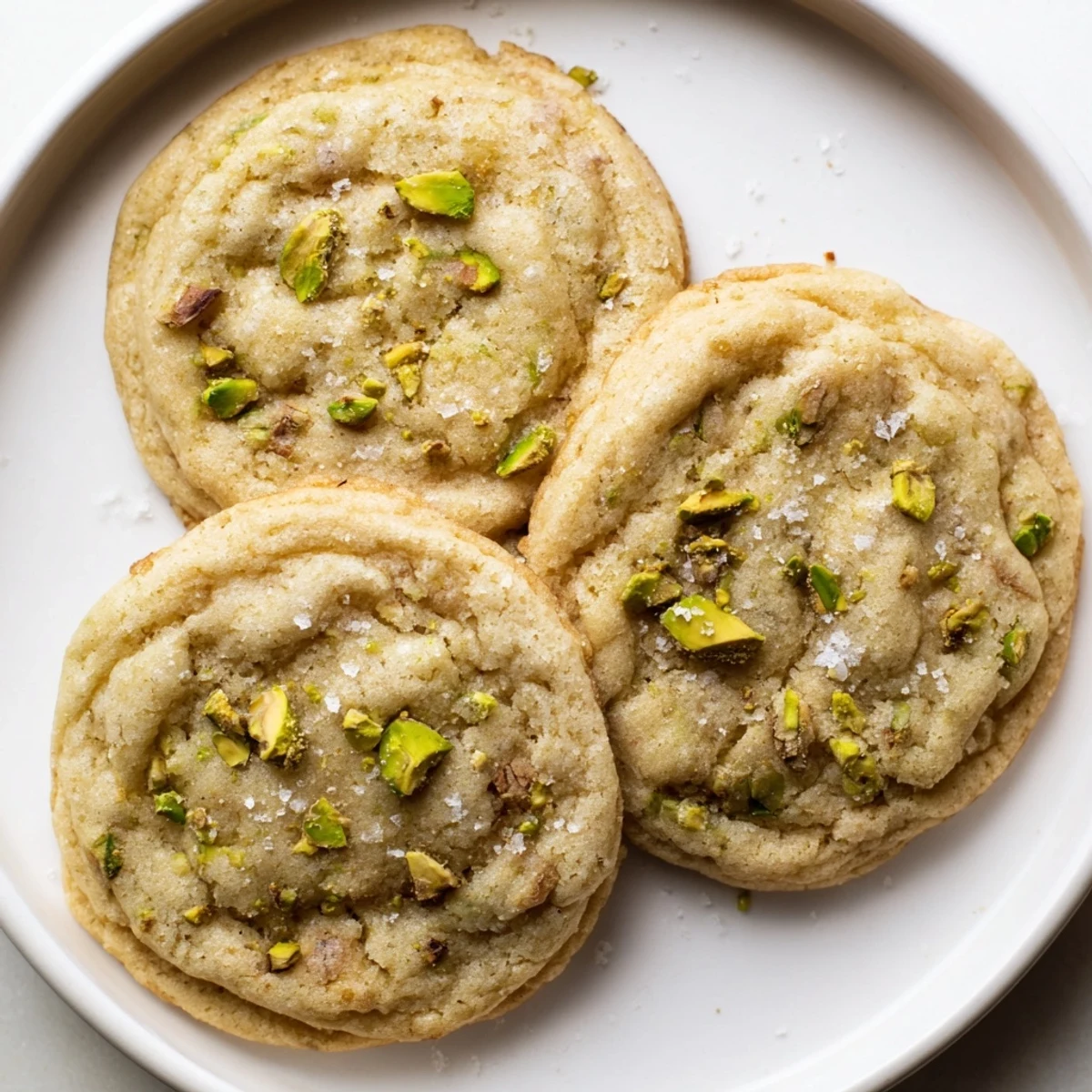 Soft golden salted honey pistachio cookies sprinkled with flaky sea salt on a white plate