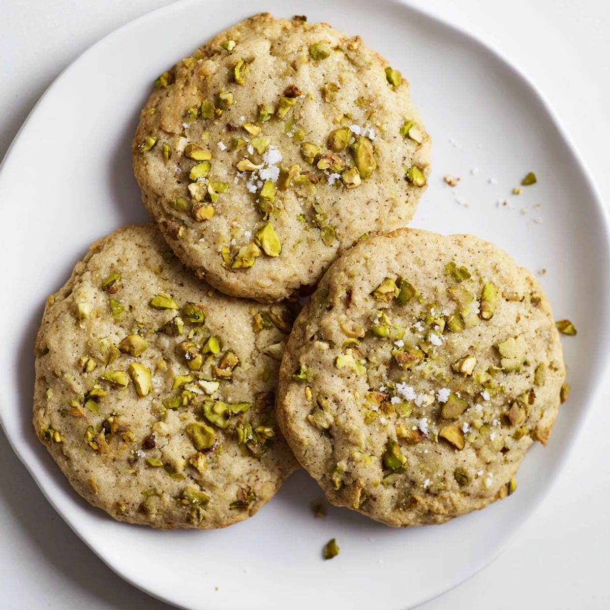 Chewy honey cookies studded with green pistachios and finished with delicate salt crystals