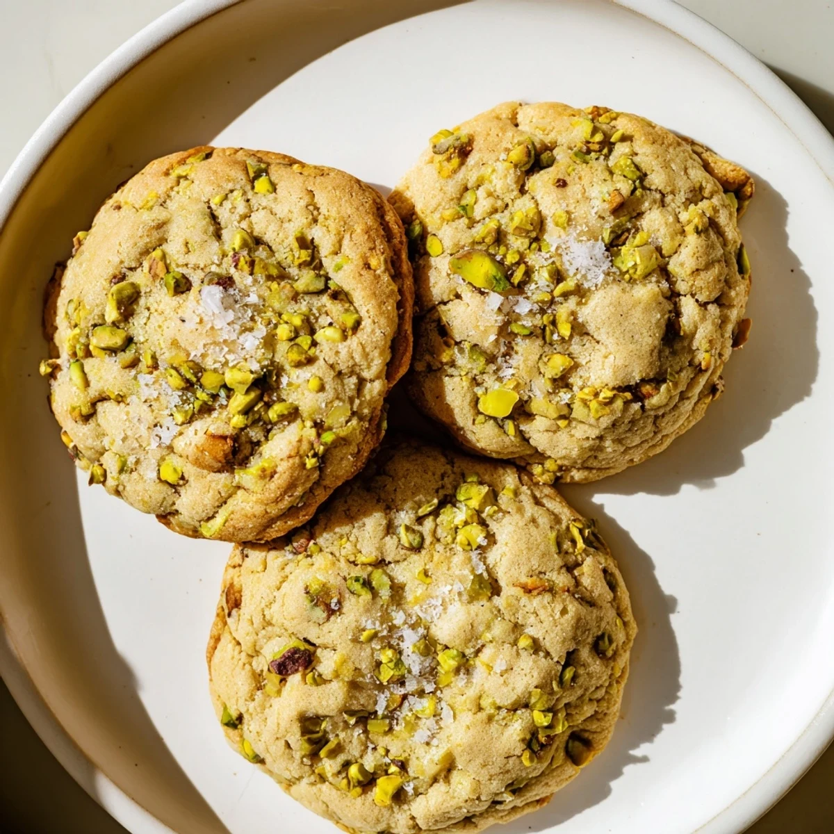 Freshly baked salted honey pistachio cookies showing soft centers and golden edges