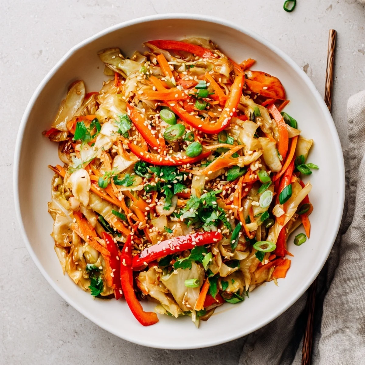 Quick healthy cabbage stir fry recipe with sliced carrots peppers and green onions in wok