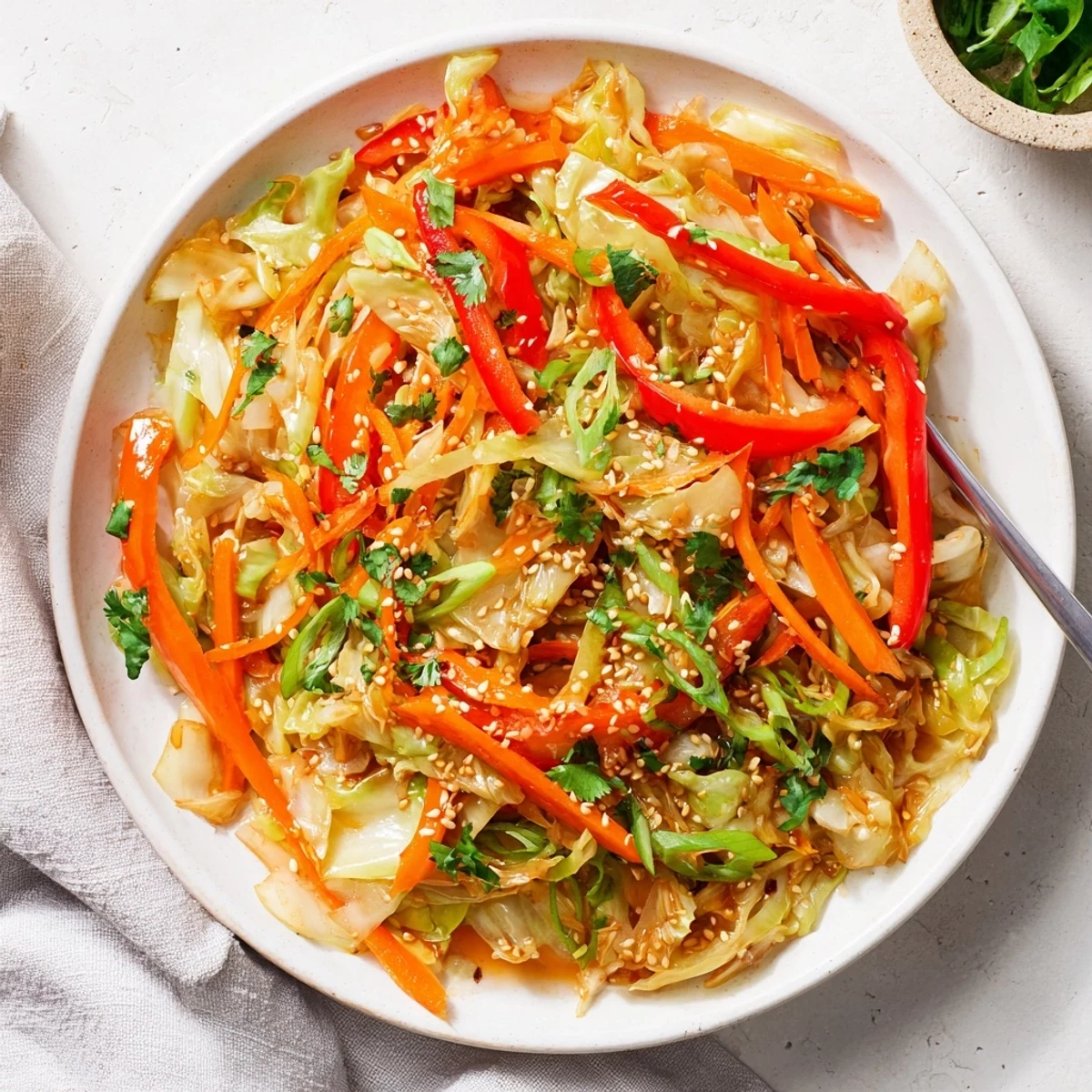 Vibrant cabbage stir fry recipe featuring tender crisp vegetables in a glossy sesame soy glaze