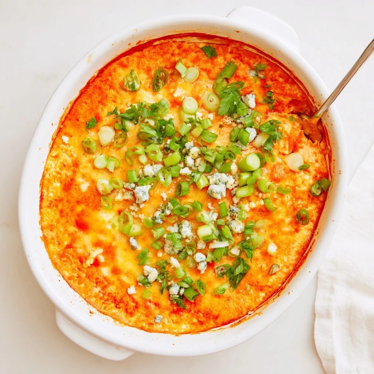 Creamy white bean buffalo dip bubbling with melted cheddar and blue cheese topping