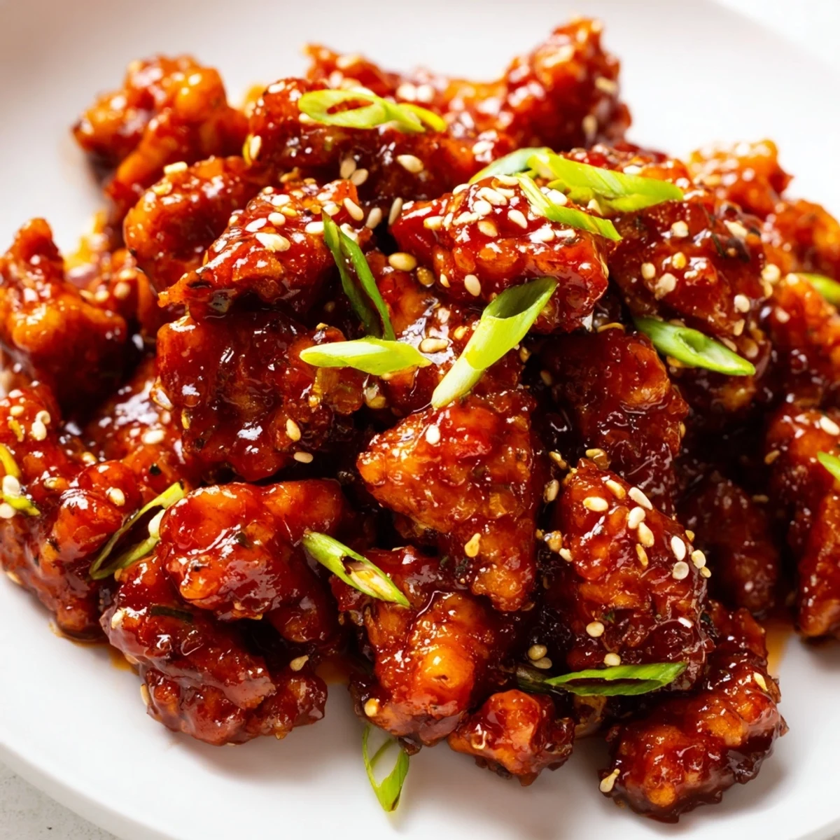 Golden brown ground General Tso's chicken tossed in a glossy sweet and tangy sauce with fresh green onions and sesame seeds
