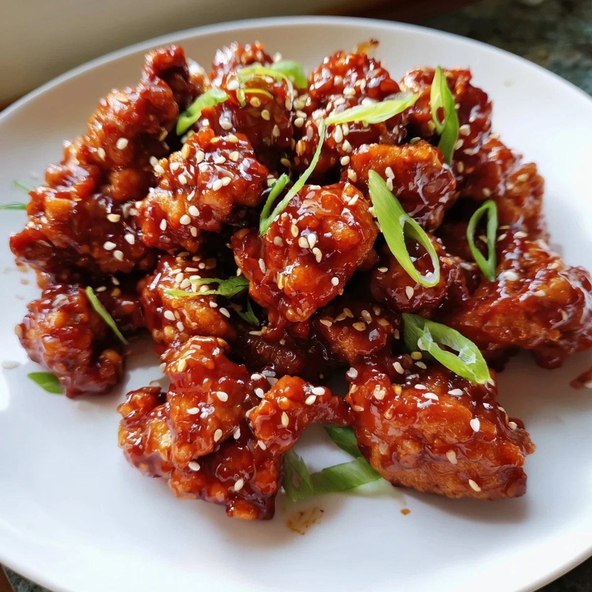 Savory ground General Tso's chicken simmered in thick reddish glaze served over steamed white rice with garnish