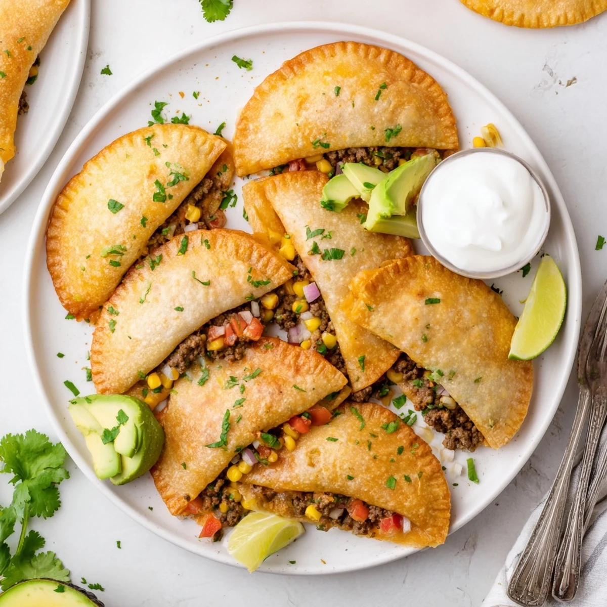 Fried flour tortilla pockets stuffed with spiced beef corn vegetables and melted cheese