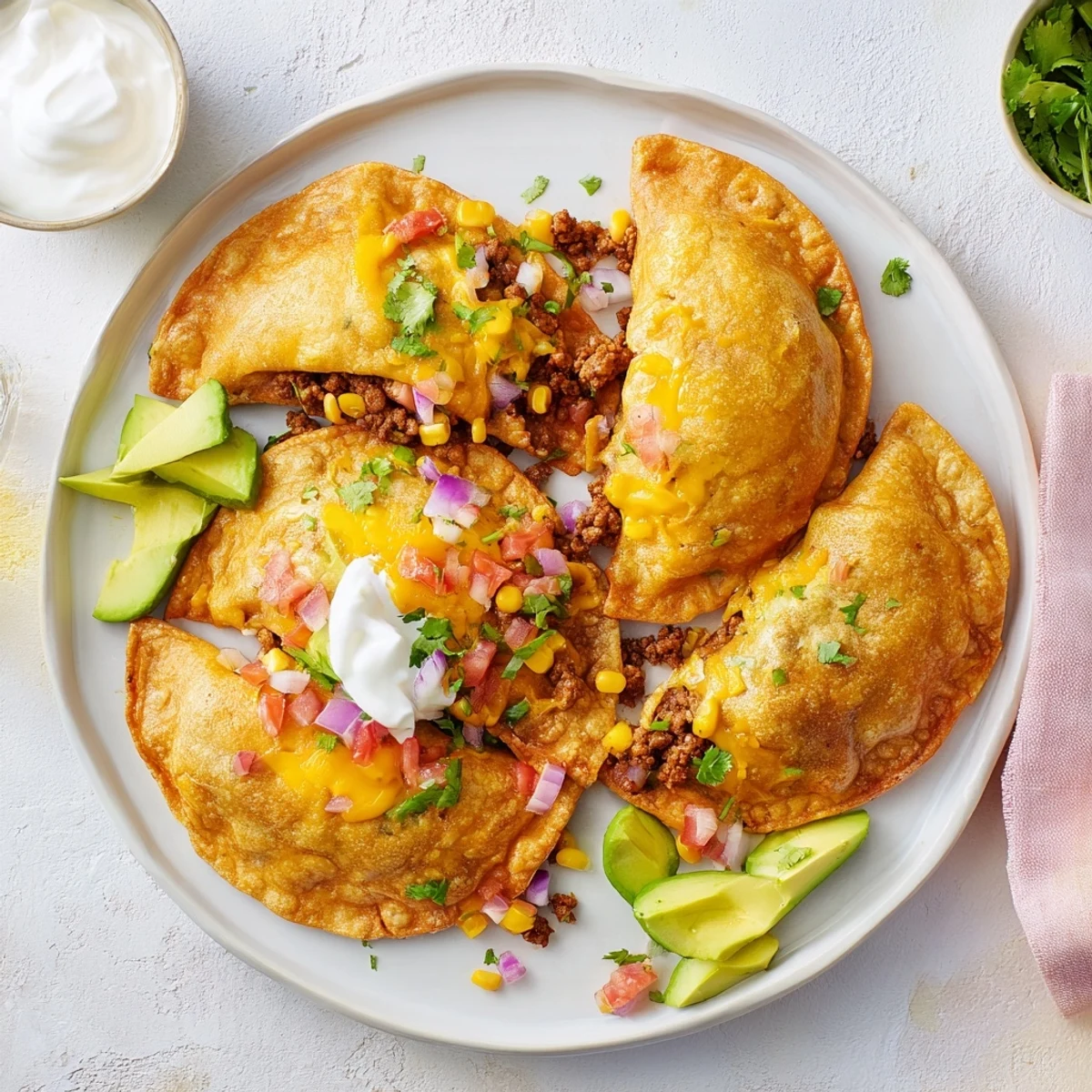 Golden crispy spicy Mexican taco pockets with melted cheddar and seasoned ground beef filling
