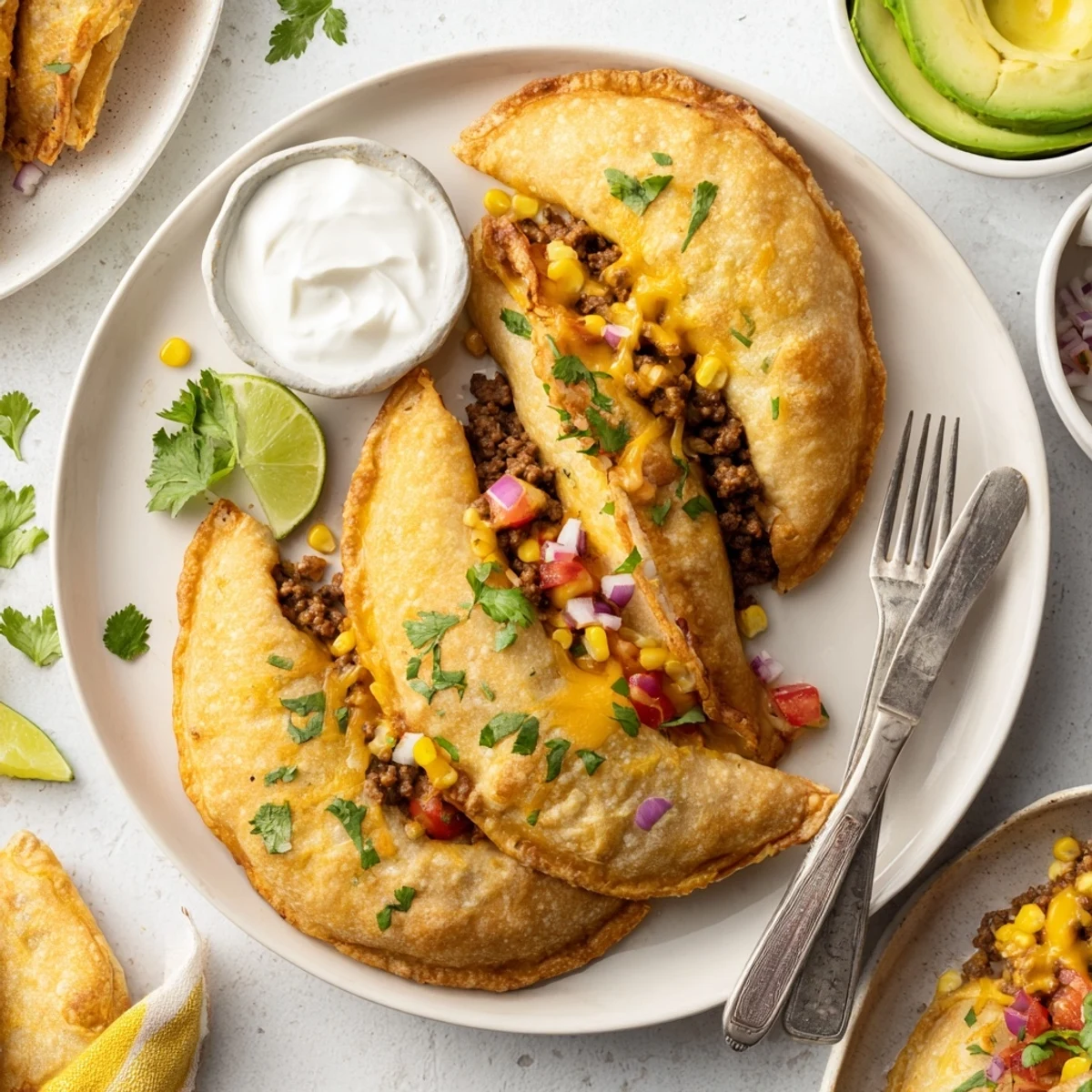 Handheld spicy taco pockets served with sour cream avocado and fresh lime garnish