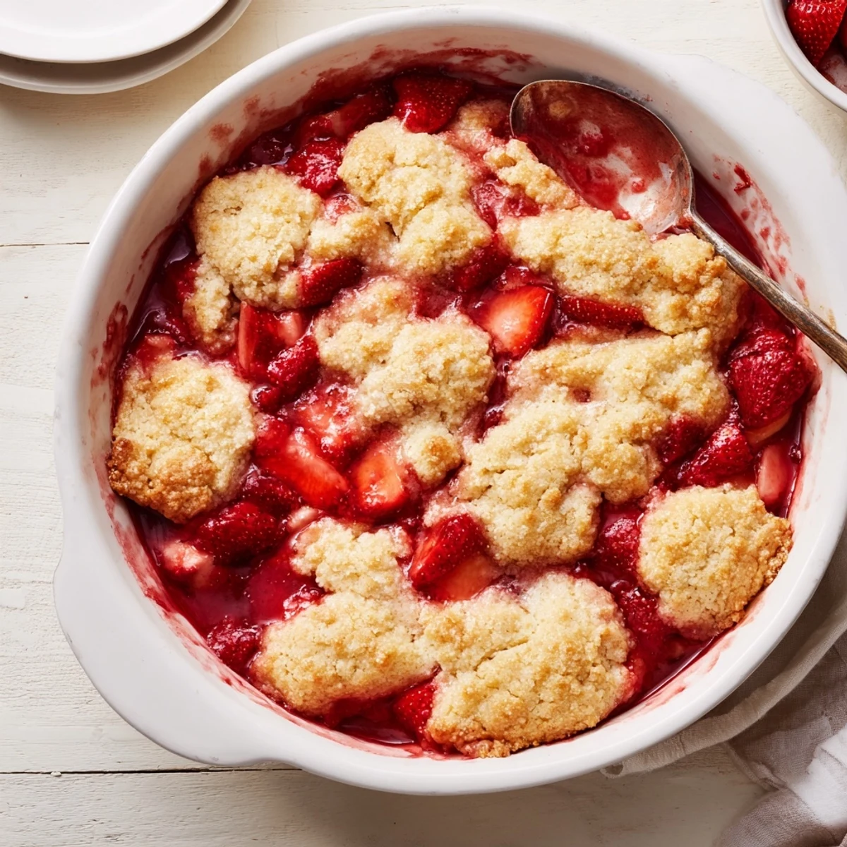Golden biscuit-topped fresh strawberry cobbler recipe with bubbling red fruit filling in a white baking dish