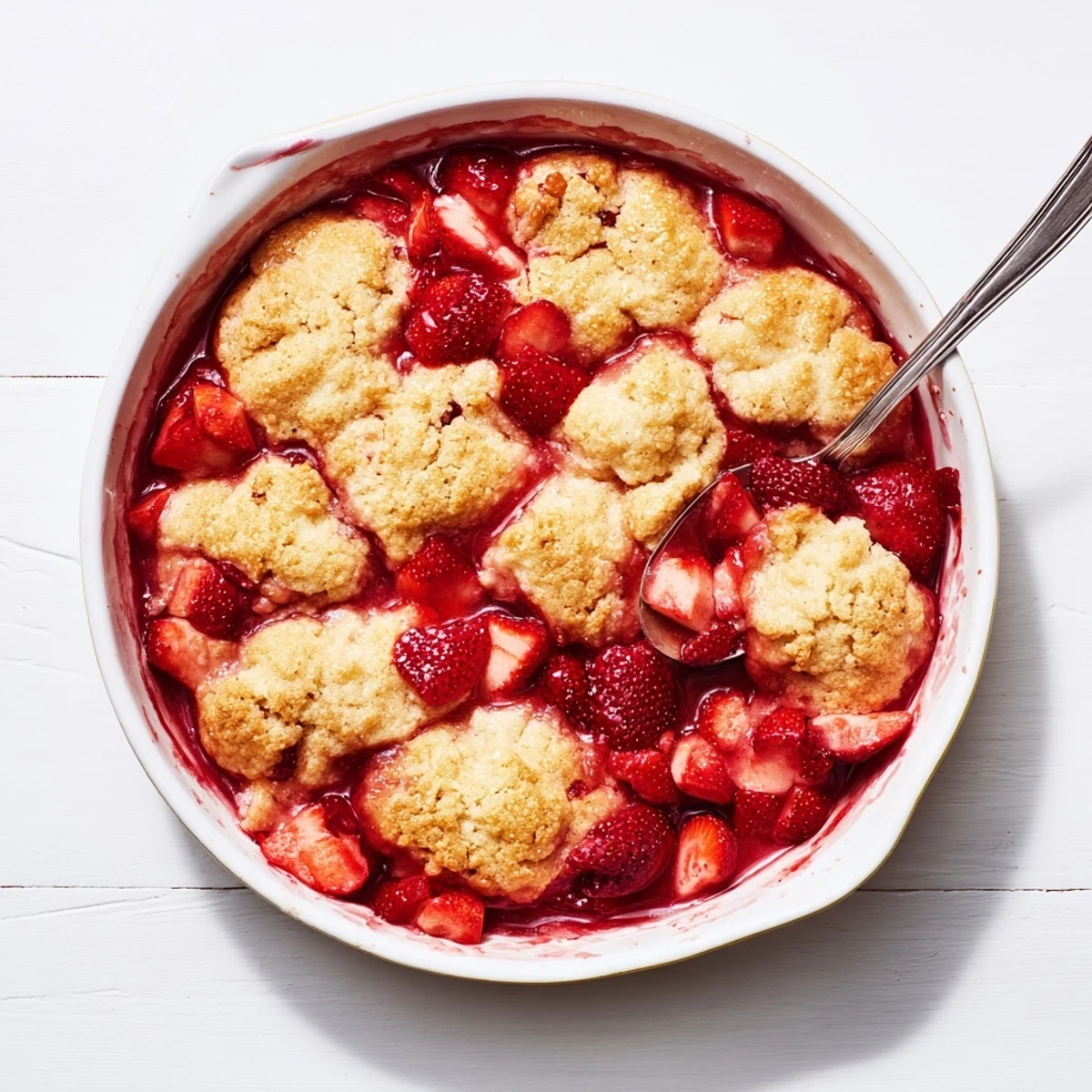 Warm fresh strawberry cobbler recipe served with melting vanilla ice cream on a rustic wooden table