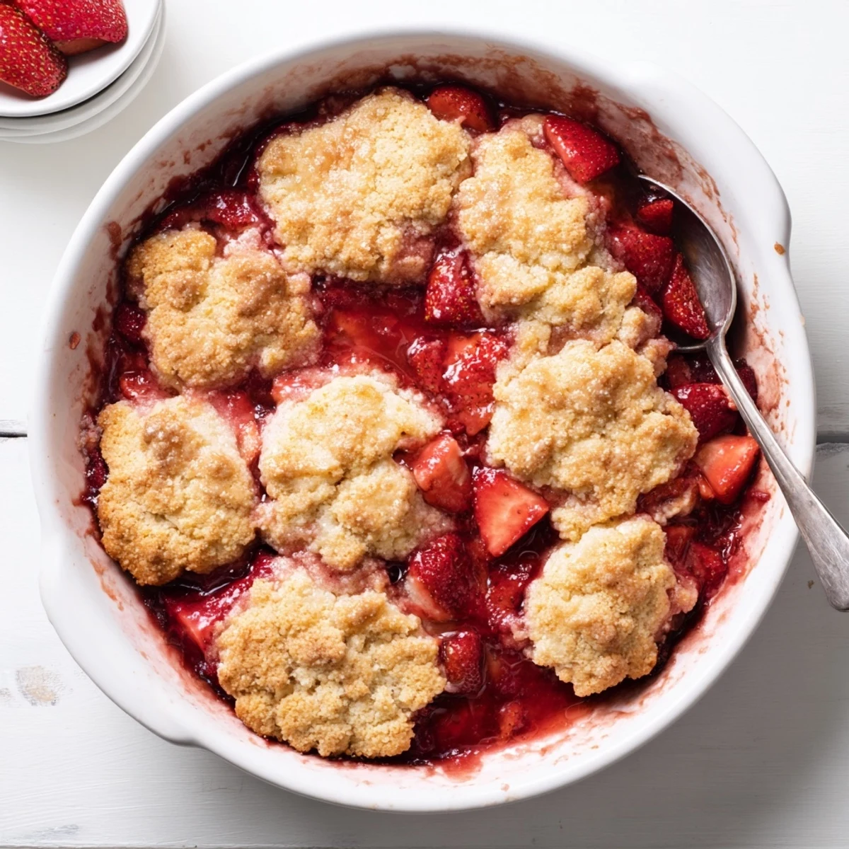 Homemade fresh strawberry cobbler recipe showing golden brown crust over juicy sweet strawberries in a cast iron skillet