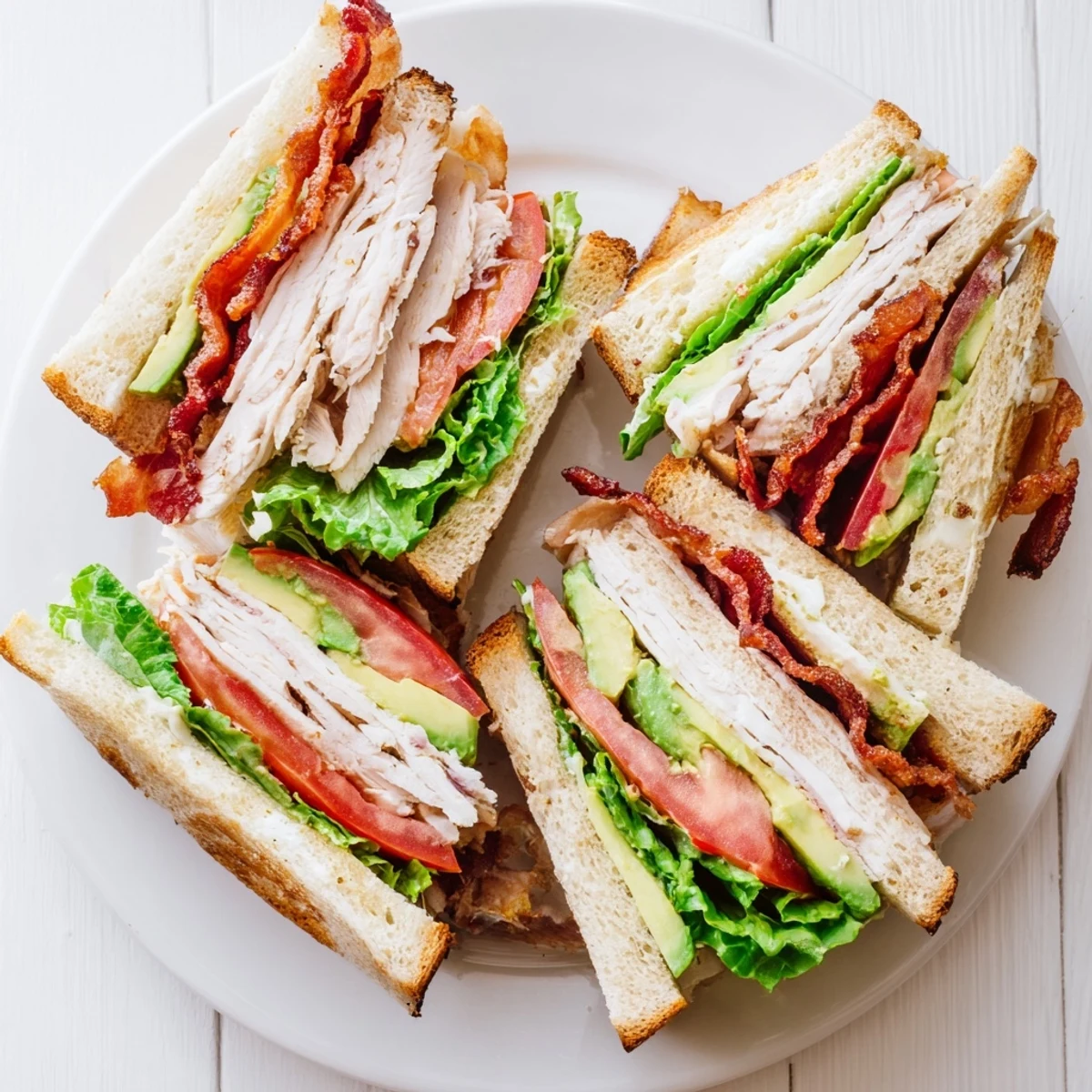 Golden toasted California Club Sandwich layered with creamy avocado, turkey, bacon, and crisp lettuce ready for lunch