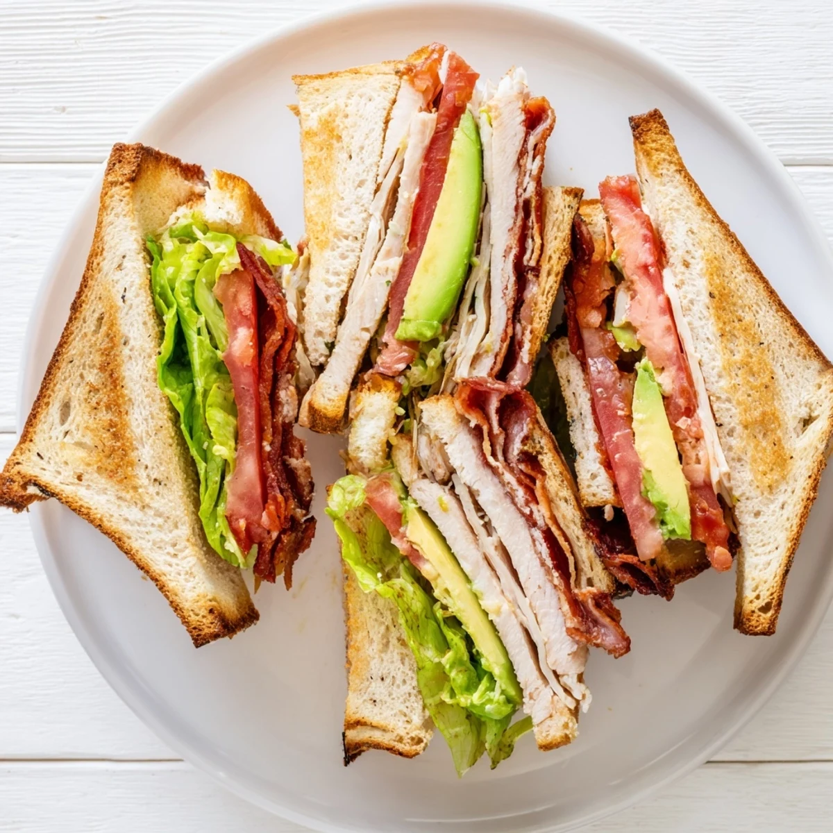 Diagonally cut California Club Sandwich revealing layers of roasted turkey, bacon, ripe tomato, and creamy mayonnaise inside