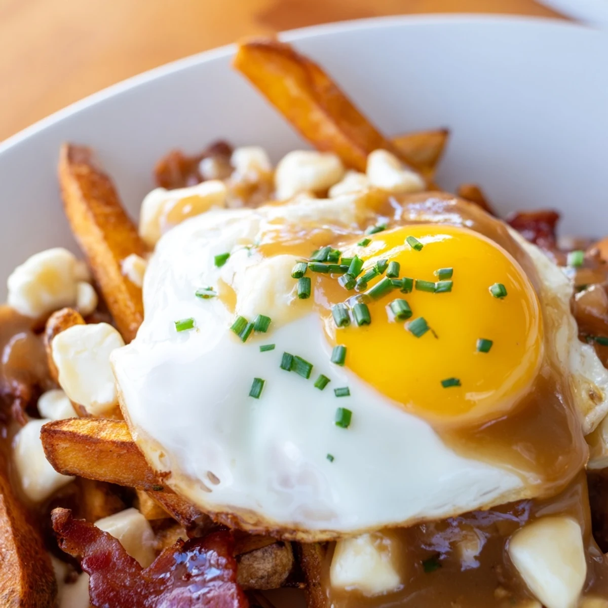 Golden breakfast poutine piled high with crispy fries, cheese curds, and a perfectly fried egg
