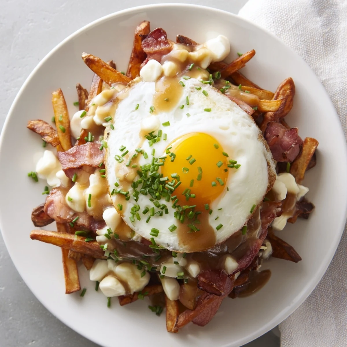 Hearty ultimate breakfast poutine featuring crispy potato fries, runny eggs, and homemade beef gravy