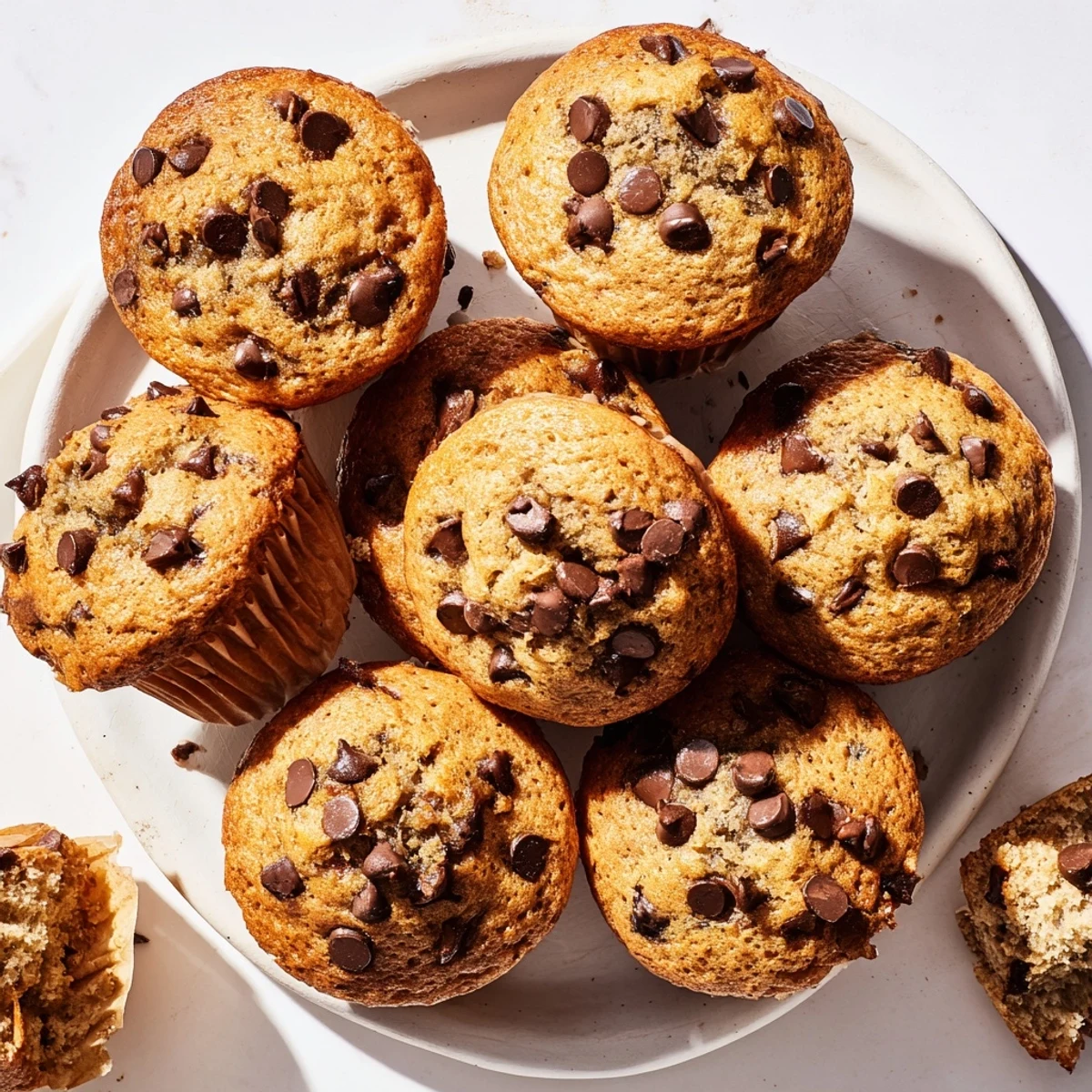 Freshly baked banana chocolate chip muffins cooling on a wire rack with chocolate speckled batter