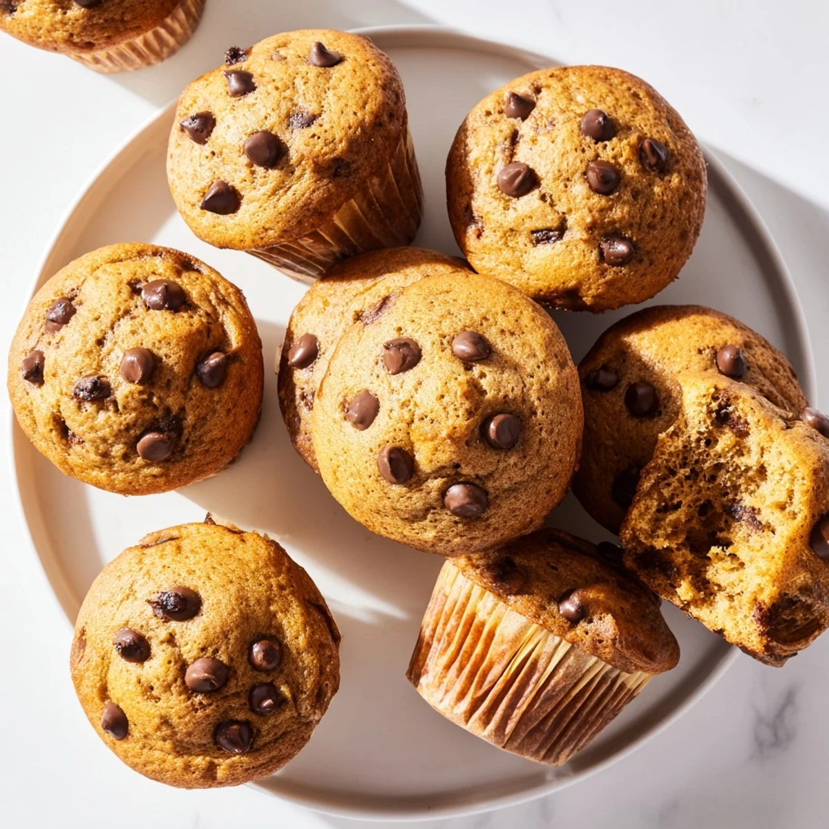 Golden brown banana chocolate chip muffins with melty chocolate chips on a crumbly textured top