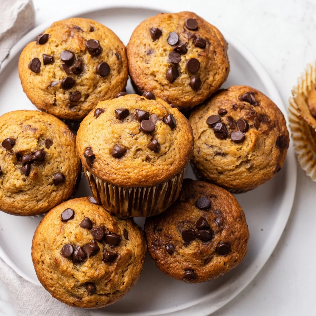Moist banana chocolate chip muffins split open revealing soft interior and scattered chocolate chunks