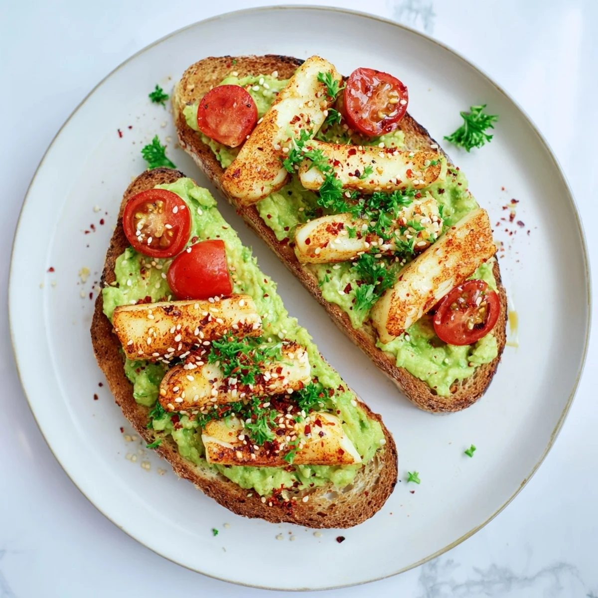 Crispy Halloumi Avocado Toast Recipe showing golden cheese, creamy avocado, toasted sourdough