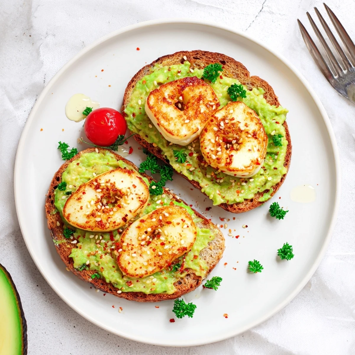 Warm sourdough topped with lemony herbs and Crispy Halloumi Avocado Toast Recipe