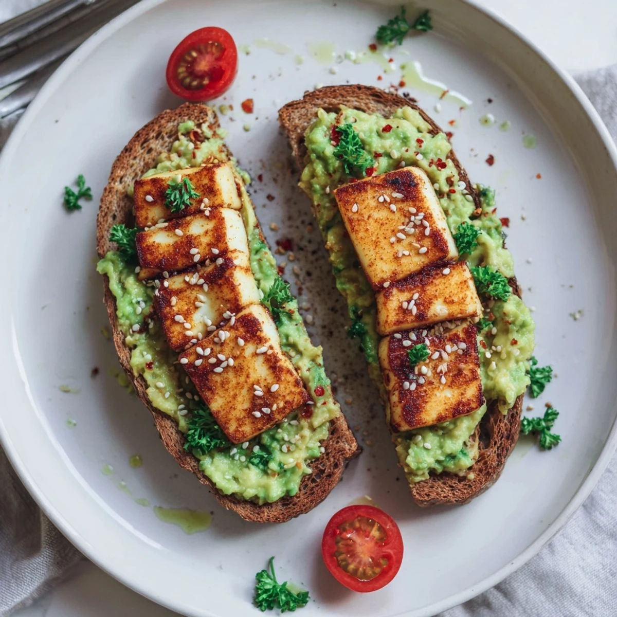 Pan-seared slices highlight Crispy Halloumi Avocado Toast Recipe served immediately for brunch