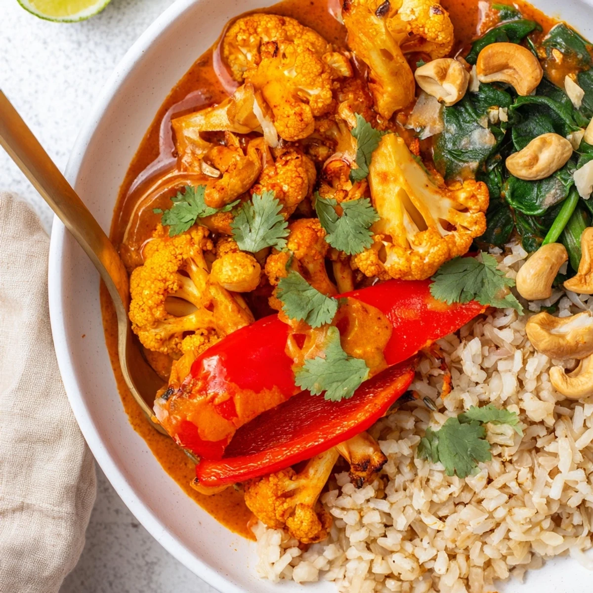 Roasted Cauliflower Red Curry Rice steaming over jasmine rice, fragrant coconut-lime aroma