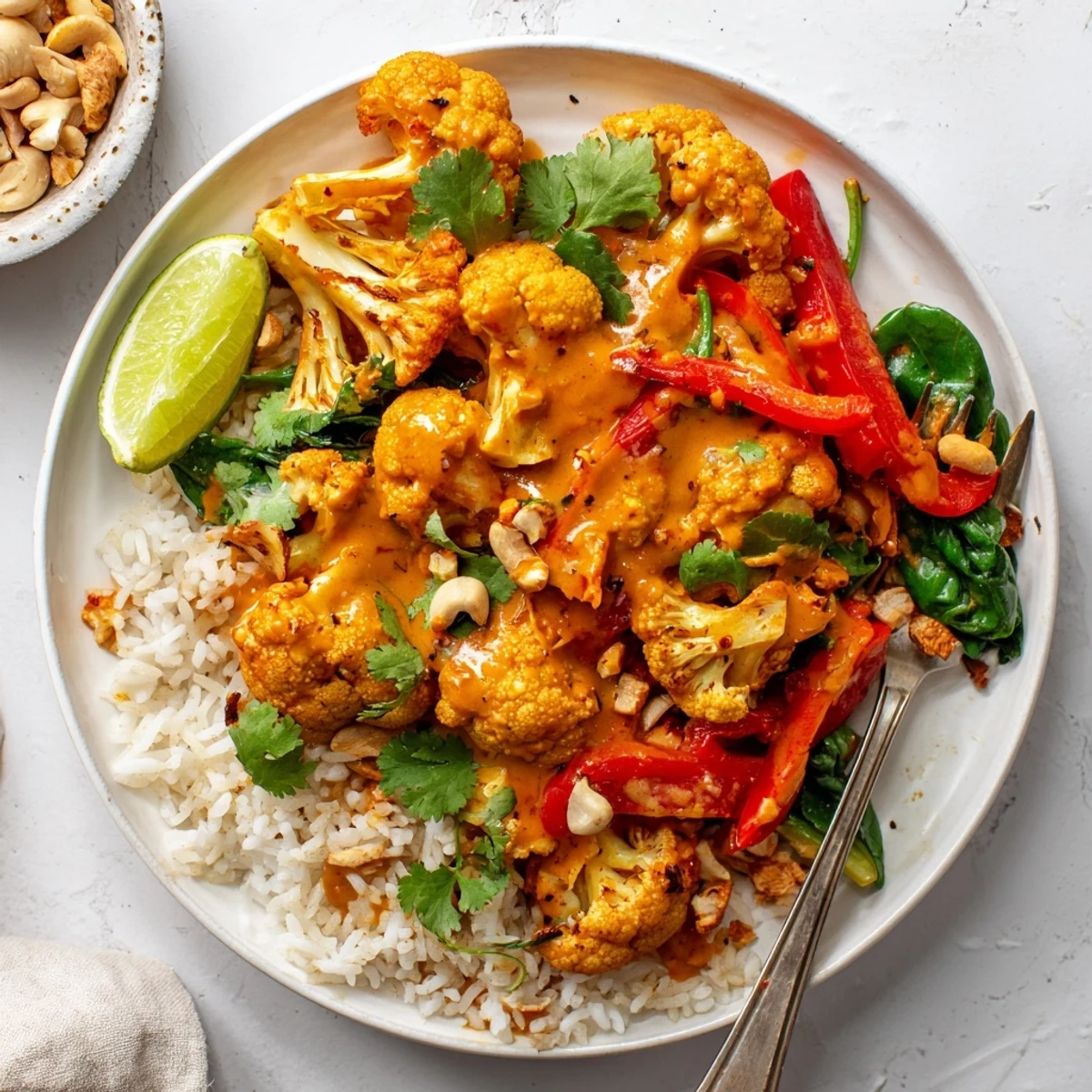 A bowl of Roasted Cauliflower Red Curry Rice with charred florets, creamy sauce