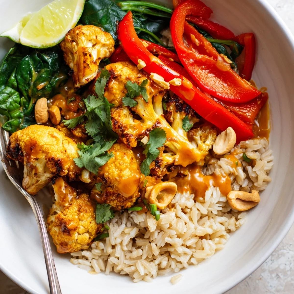 Family-style Roasted Cauliflower Red Curry Rice garnished with cilantro, lime wedge