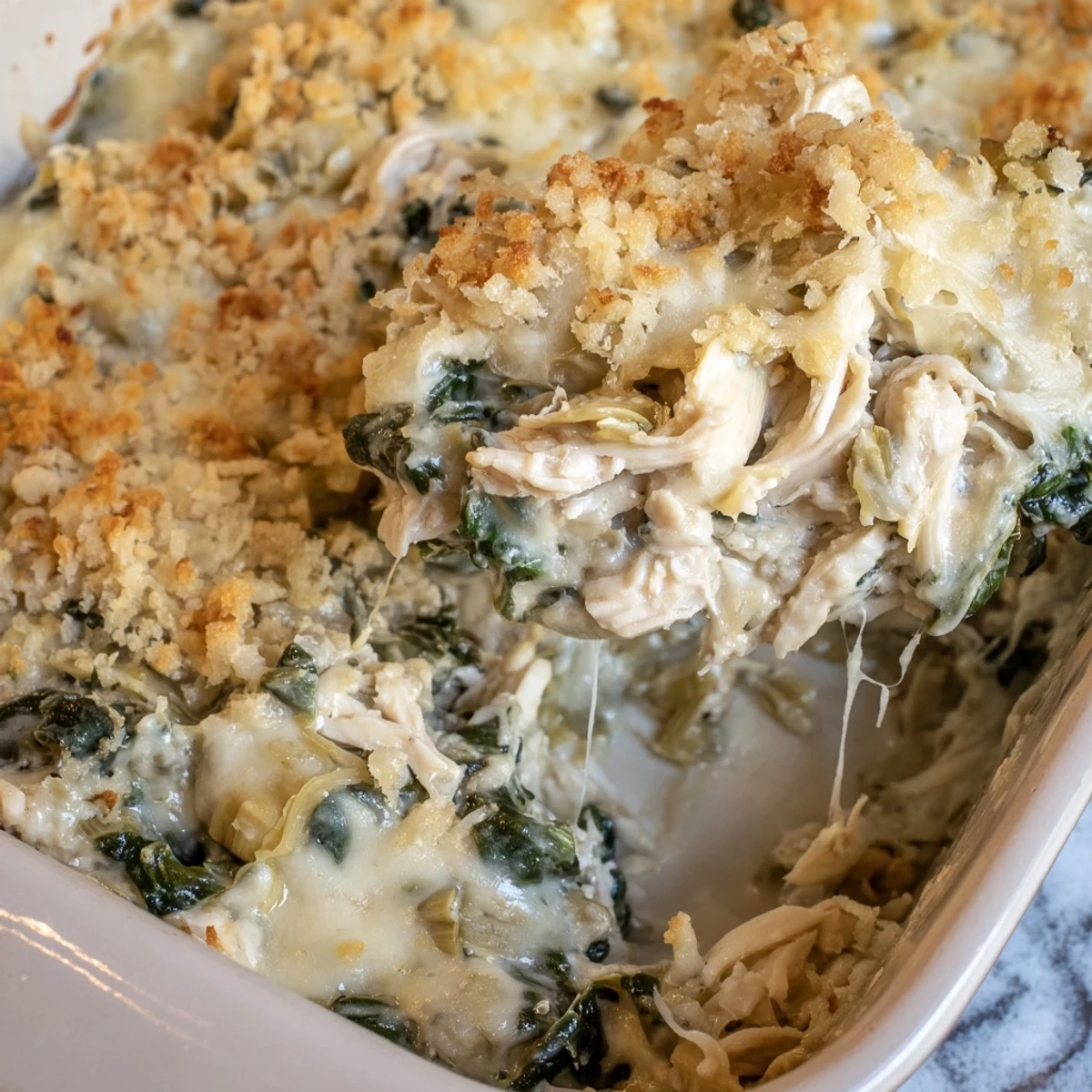 Golden bubbly high protein spinach and artichoke chicken casserole fresh from oven with melted mozzarella topping