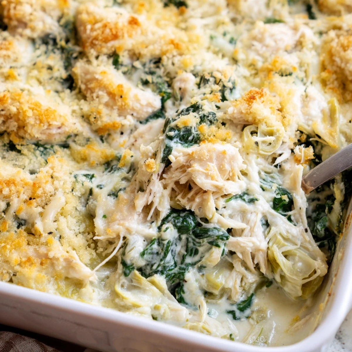 Creamy high protein spinach and artichoke chicken casserole served in white baking dish with golden crust