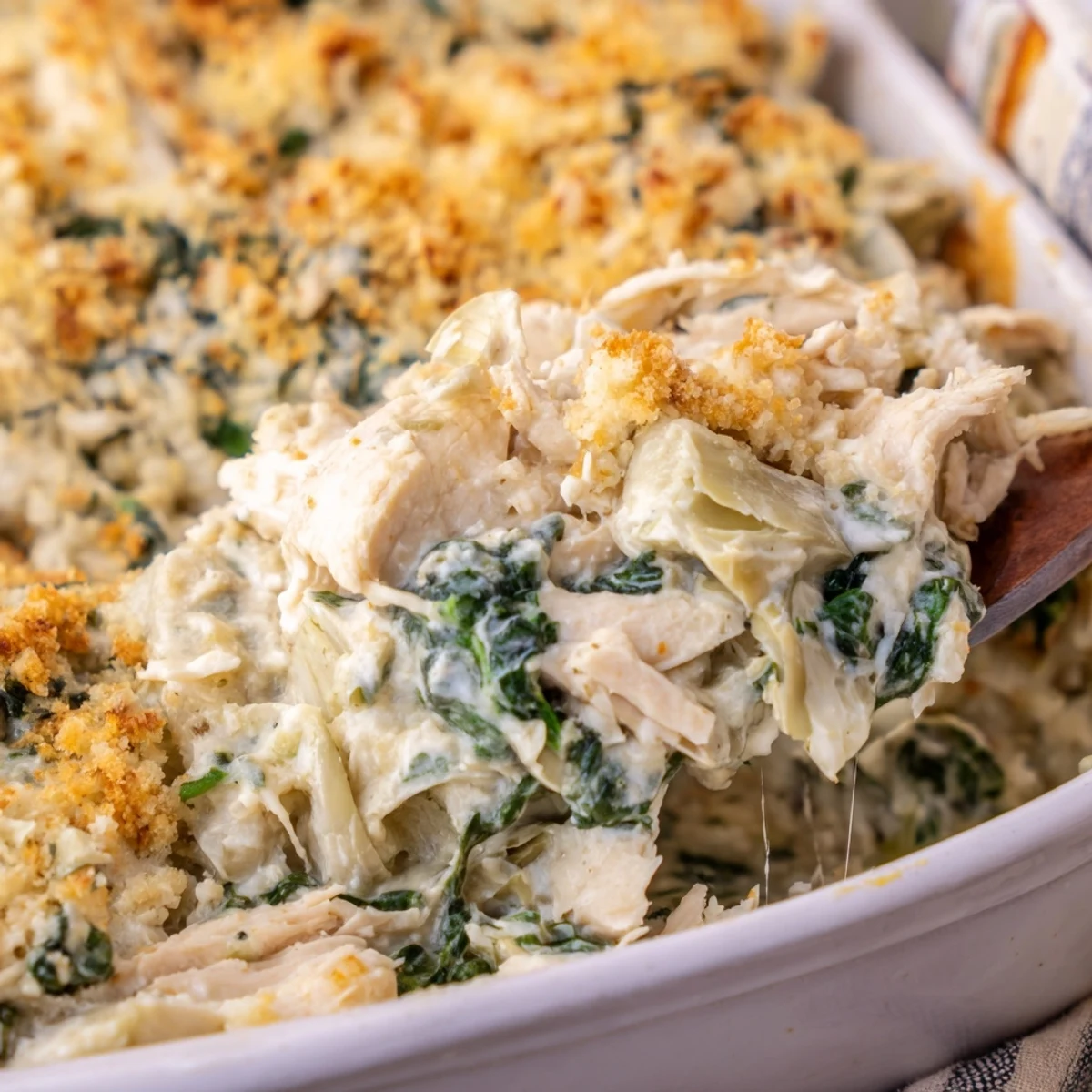 Hearty high protein spinach and artichoke chicken casserole bubbling in ceramic dish with cheesy breadcrumb topping