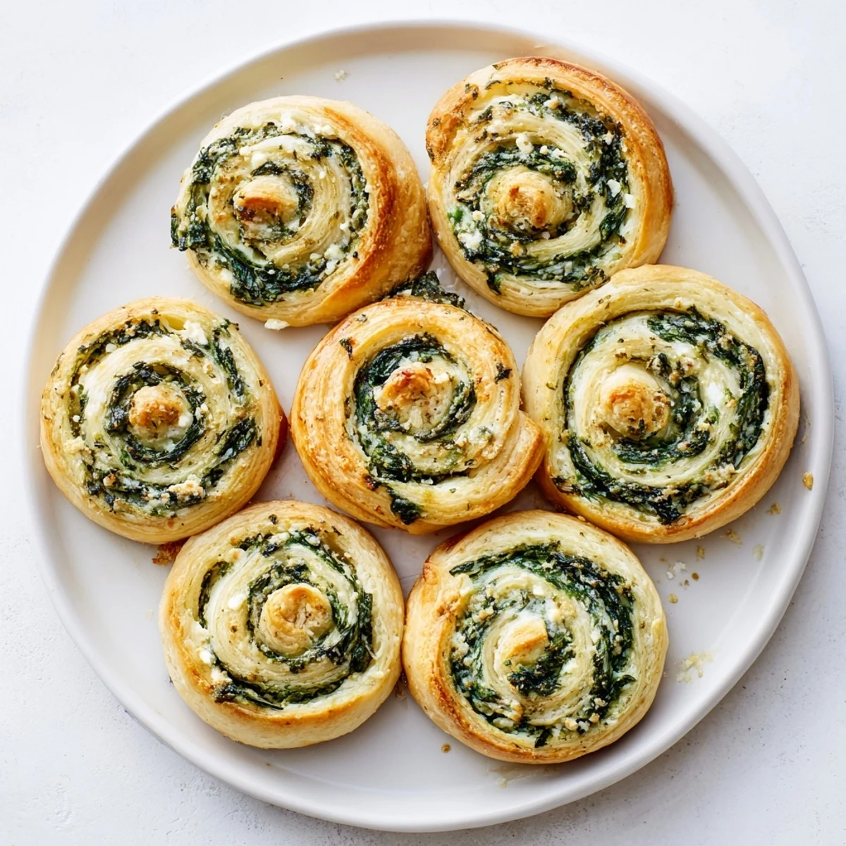 Golden gluten free spinach and feta pinwheels baked to flaky perfection on a white serving platter
