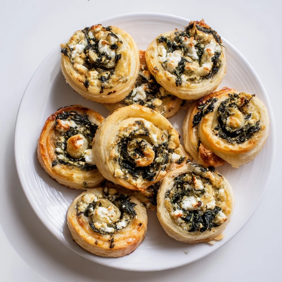 Close up of warm gluten free spinach and feta pinwheels showing their vibrant green and cream filling swirls