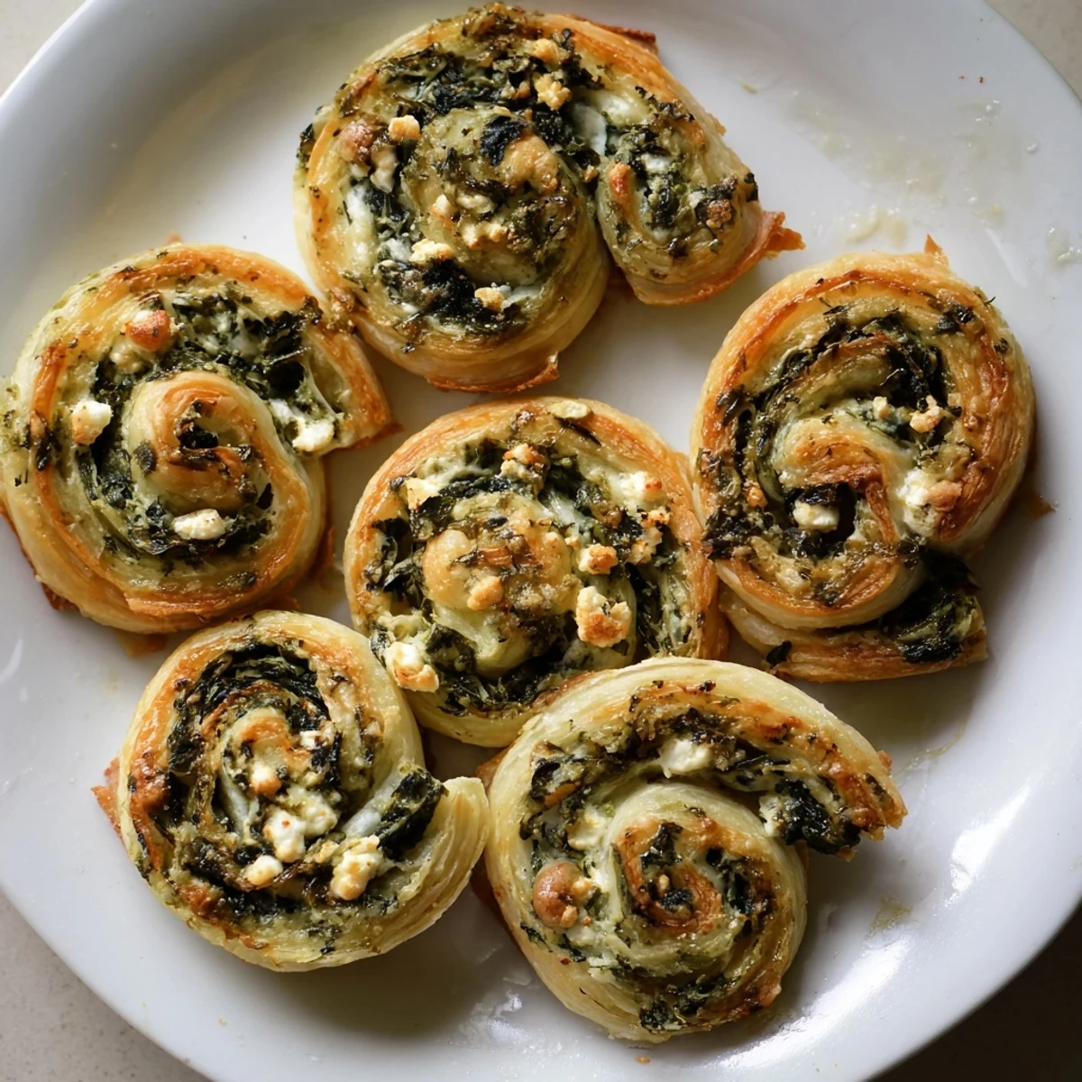 Savory gluten free spinach and feta pinwheels arranged in a circular pattern with fresh herb garnish