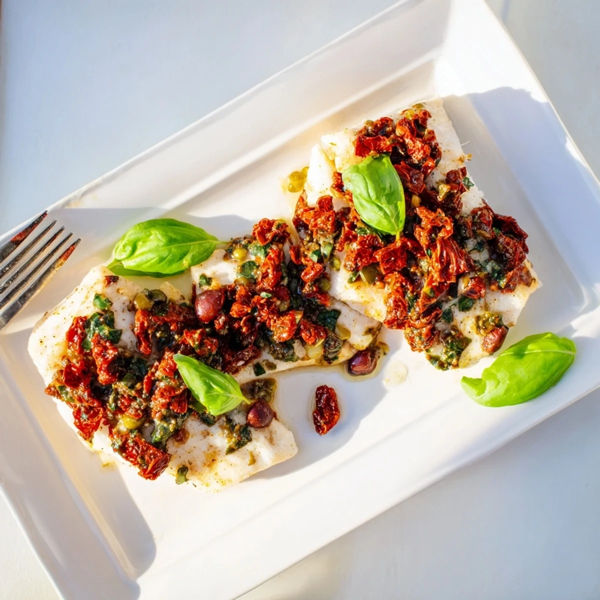 Golden baked mahi mahi fillets topped with vibrant sun-dried tomato basil mixture