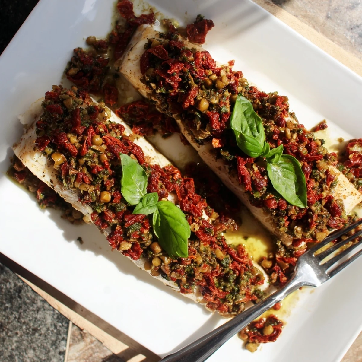 Oven-roasted mahi mahi fillets garnished with chopped sun-dried tomatoes and bright basil