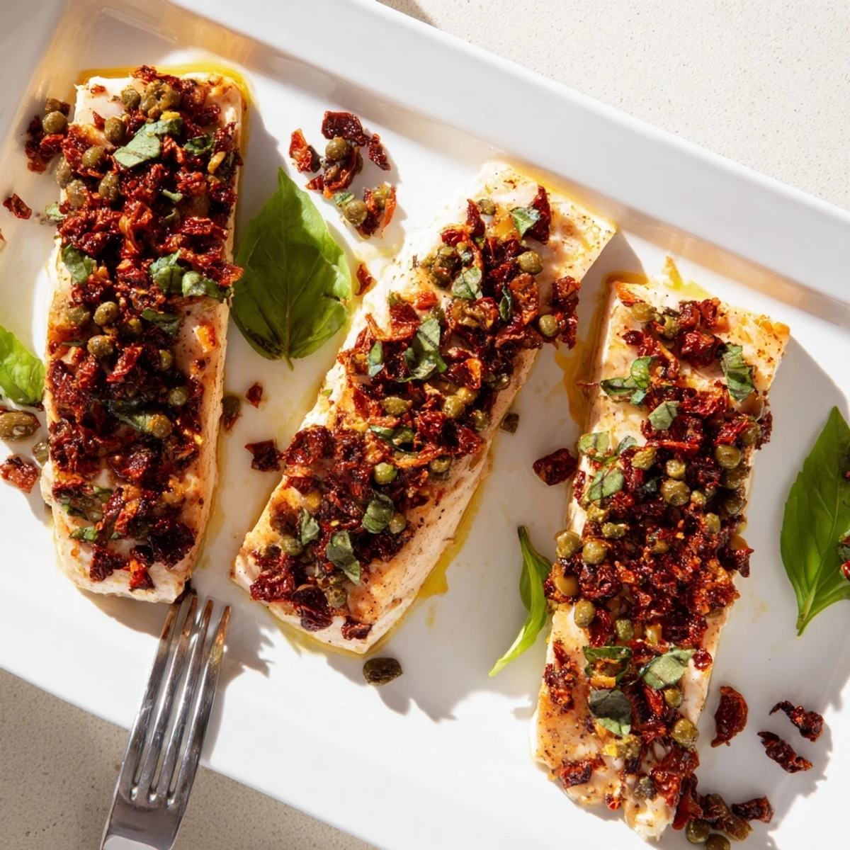 Flaky Mediterranean mahi mahi with zesty sun-dried tomatoes, fresh basil, and capers