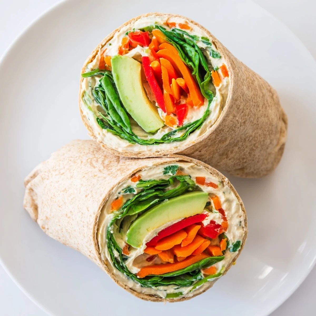 Fresh spinach hummus lunch wraps layered with crisp colorful vegetables in whole wheat tortillas