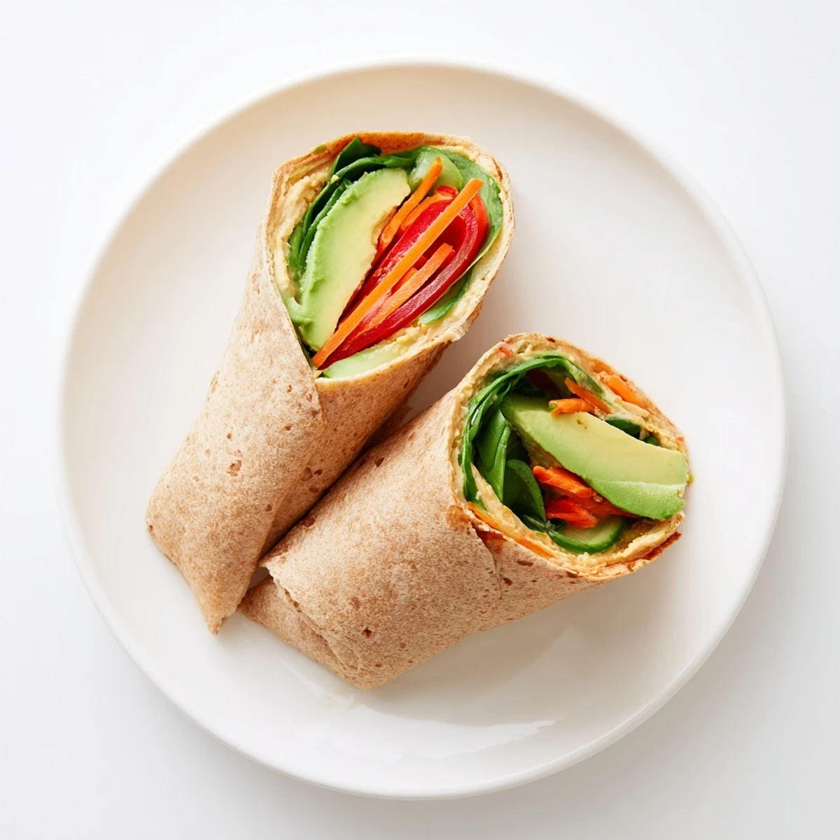 Mediterranean-style spinach hummus lunch wraps rolled tight with crunchy bell pepper and avocado slices