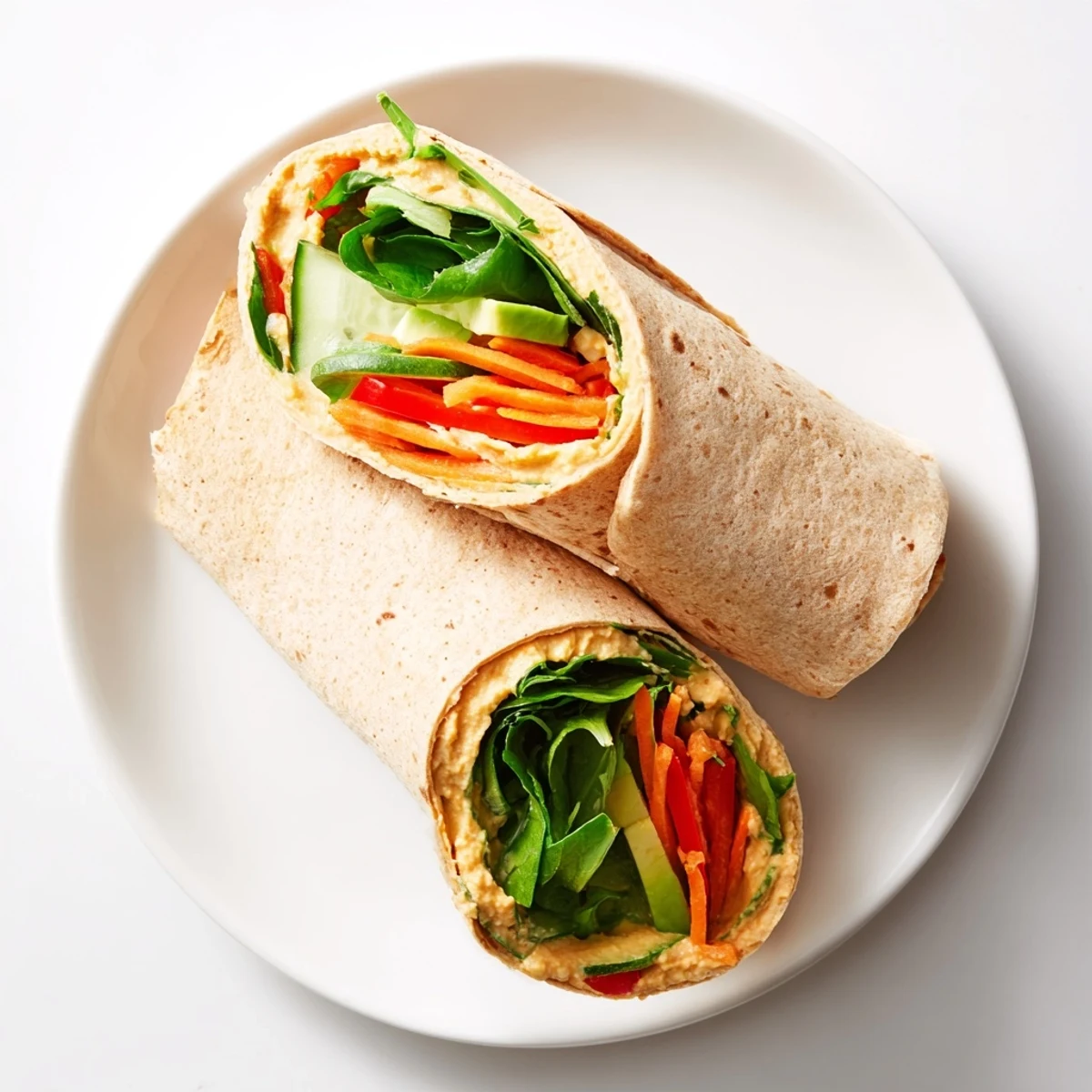 Close-up of spinach hummus lunch wraps showing vibrant vegetable filling and creamy spread inside