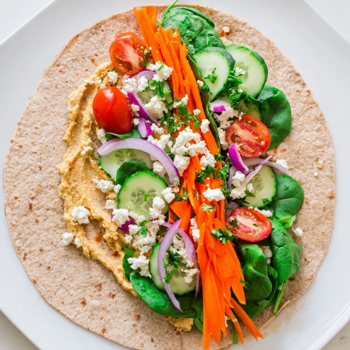Mediterranean-style veggie wrap with hummus layered with colorful vegetables and sliced diagonally for easy serving