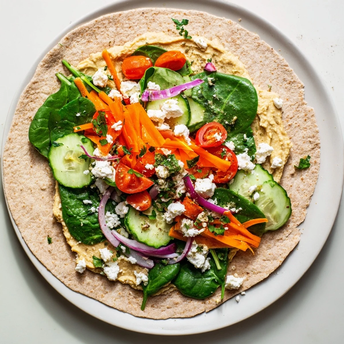 Fresh veggie wrap with hummus featuring crisp spinach, bell peppers, and carrots rolled in a whole wheat tortilla