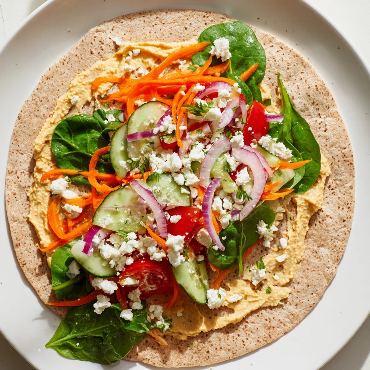 Healthy hummus veggie wrap with crunchy cucumber, tomatoes, and red onion tucked inside a soft tortilla