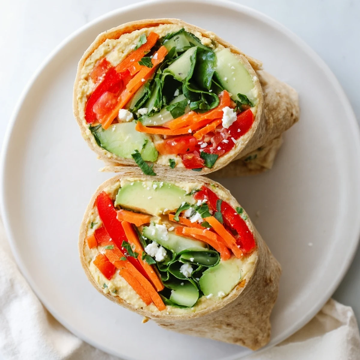 Golden brown whole wheat tortilla wrapped around creamy hummus with colorful crisp vegetables
