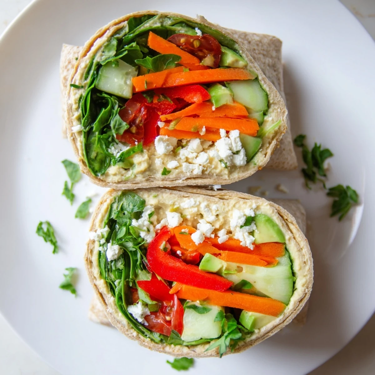 Mediterranean-style hummus veggie wrap sliced in half revealing vibrant layers of fresh produce