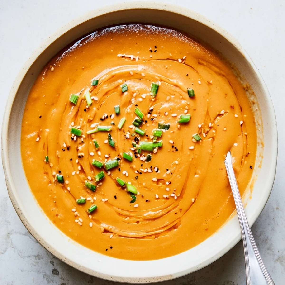 Bright Carrot Ginger Miso Soup Recipe topped with scallions and toasted sesame.