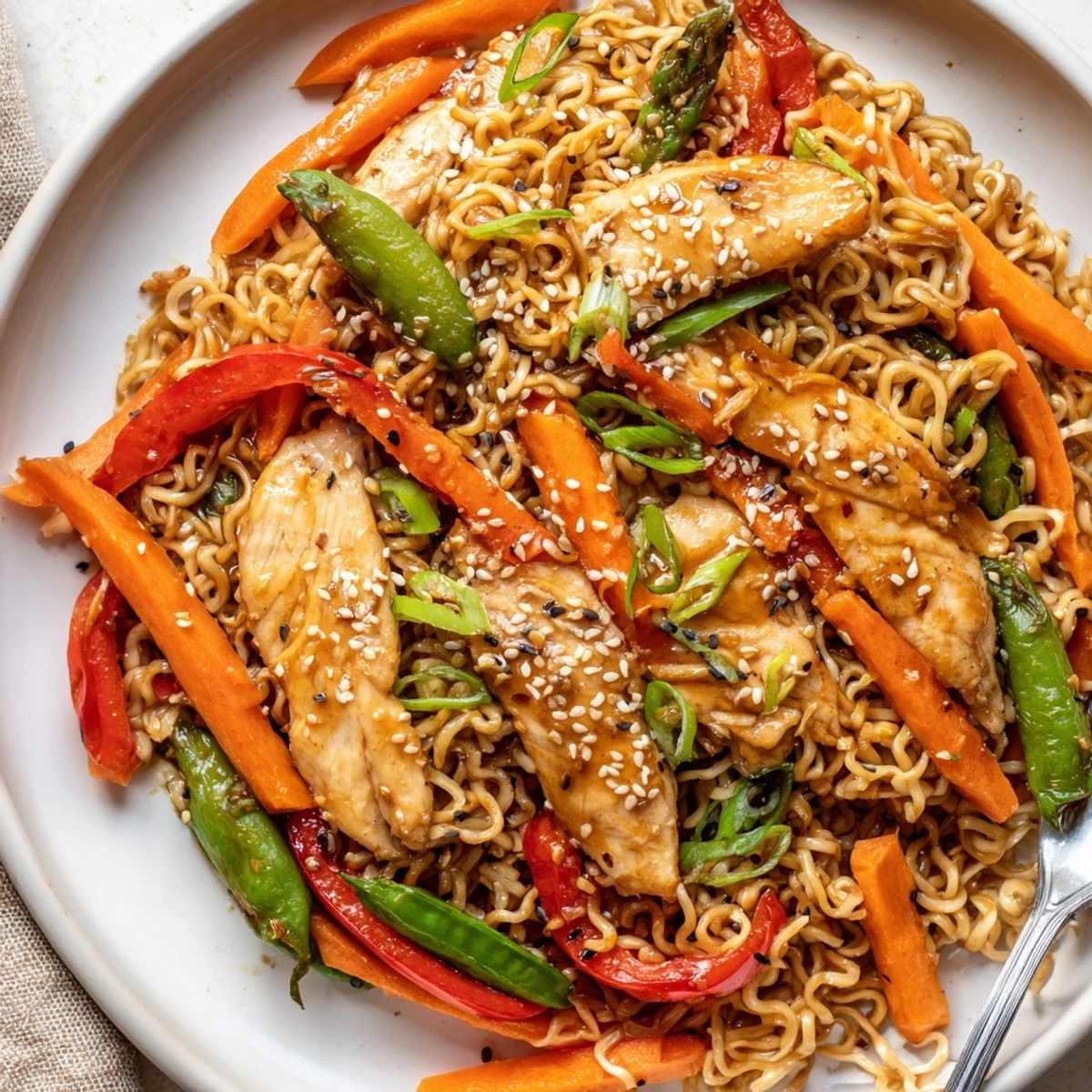 Chicken Ramen Stir Fry glistening with sesame, crisp vegetables, steaming in wok