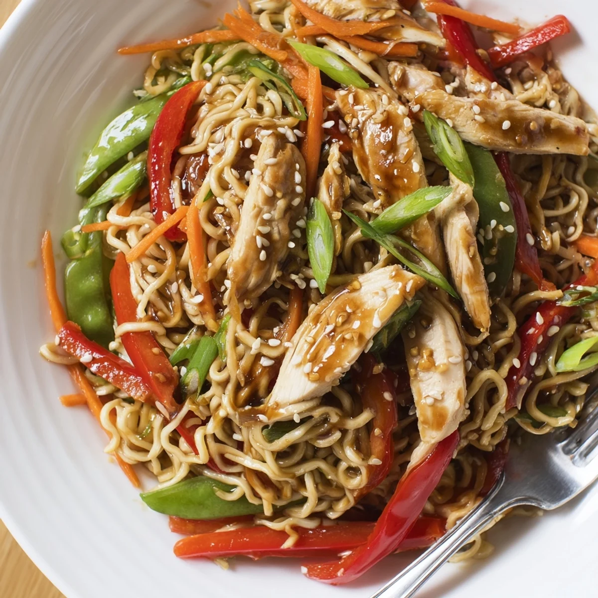 Serve Chicken Ramen Stir Fry hot with scallions and toasted sesame seeds